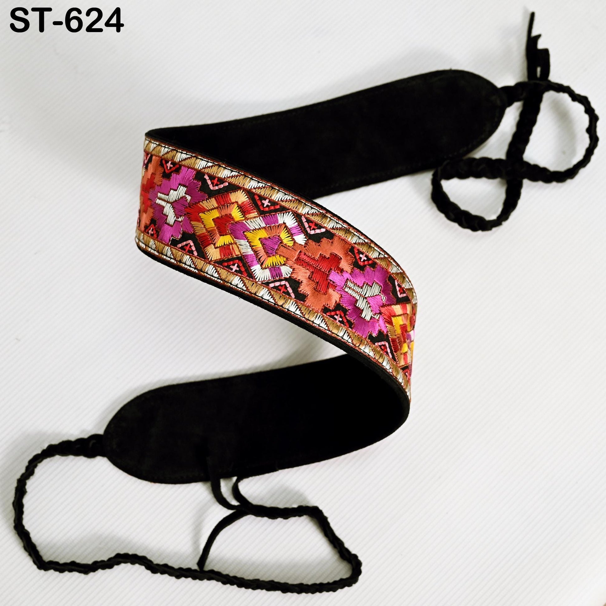 Reversible Embroidery Suede Leather Belt for Women, Bohemian Adjustable Obi Cinch Belt with Braided Ties, Wedding and Summer Dress Accessory