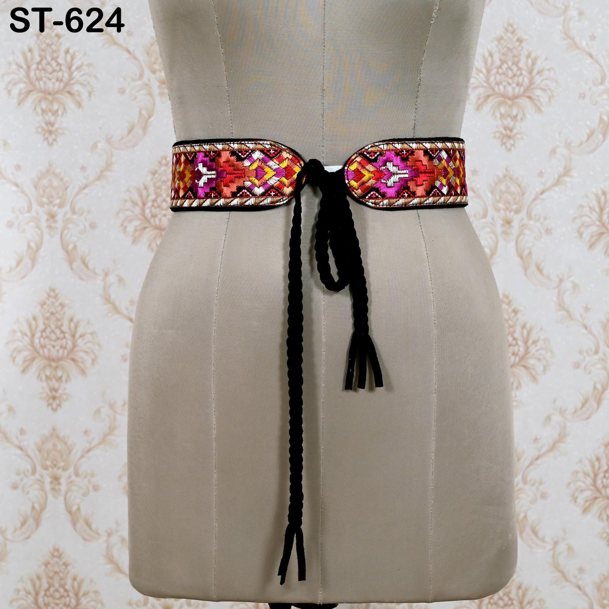 Reversible Embroidery Suede Leather Belt for Women, Bohemian Adjustable Obi Cinch Belt with Braided Ties, Wedding and Summer Dress Accessory