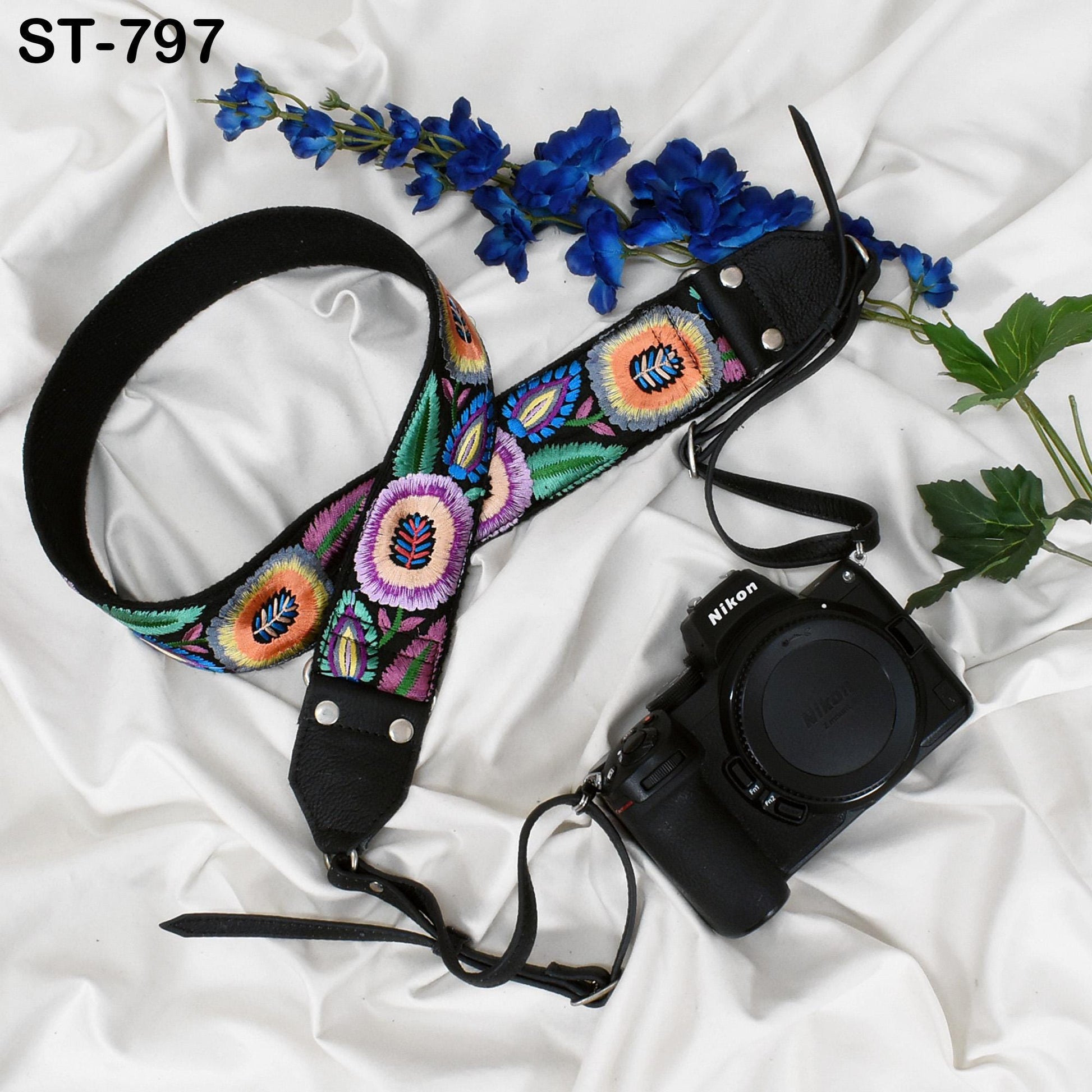 Leather Camera Strap Photographer Gift Adjustable Camera Neck Strap Embroidery Sling DSLR Camera Accessories Black Gift Boyfriend, Father