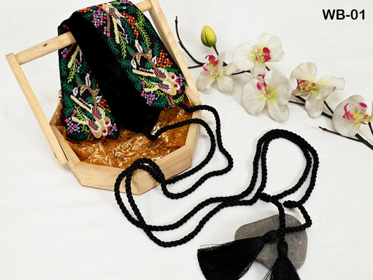 Reversible Embroidery Fabric Belt Black Obi Wrap Women Sash Belt Adjustable Bohemian Ethnic Customize Summer Wedding Dress Gift for Friend