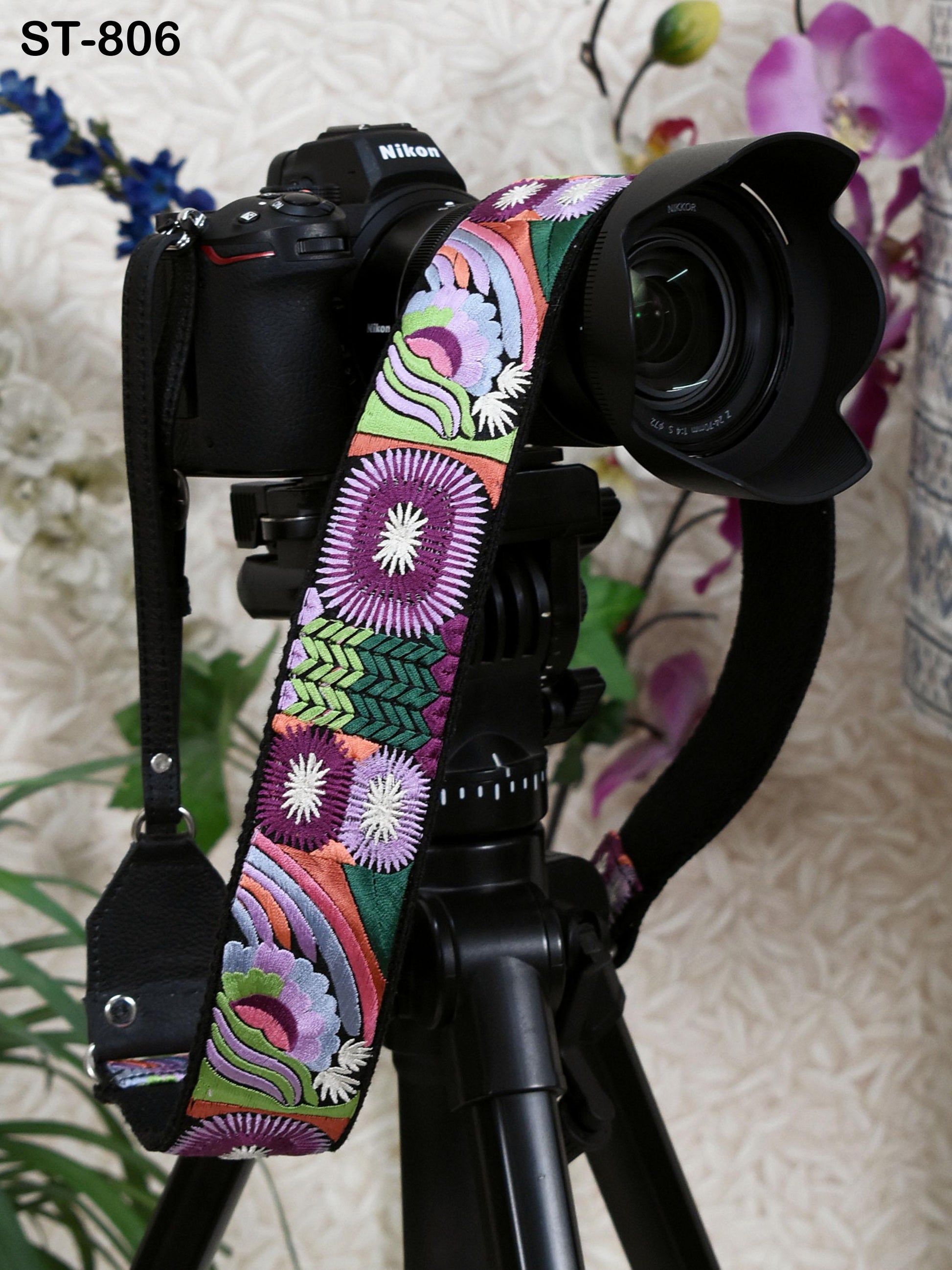 Leather Camera Strap Photographer Gift Adjustable Camera Neck Strap Embroidery Sling DSLR Camera Accessories Black Gift Boyfriend, Mother