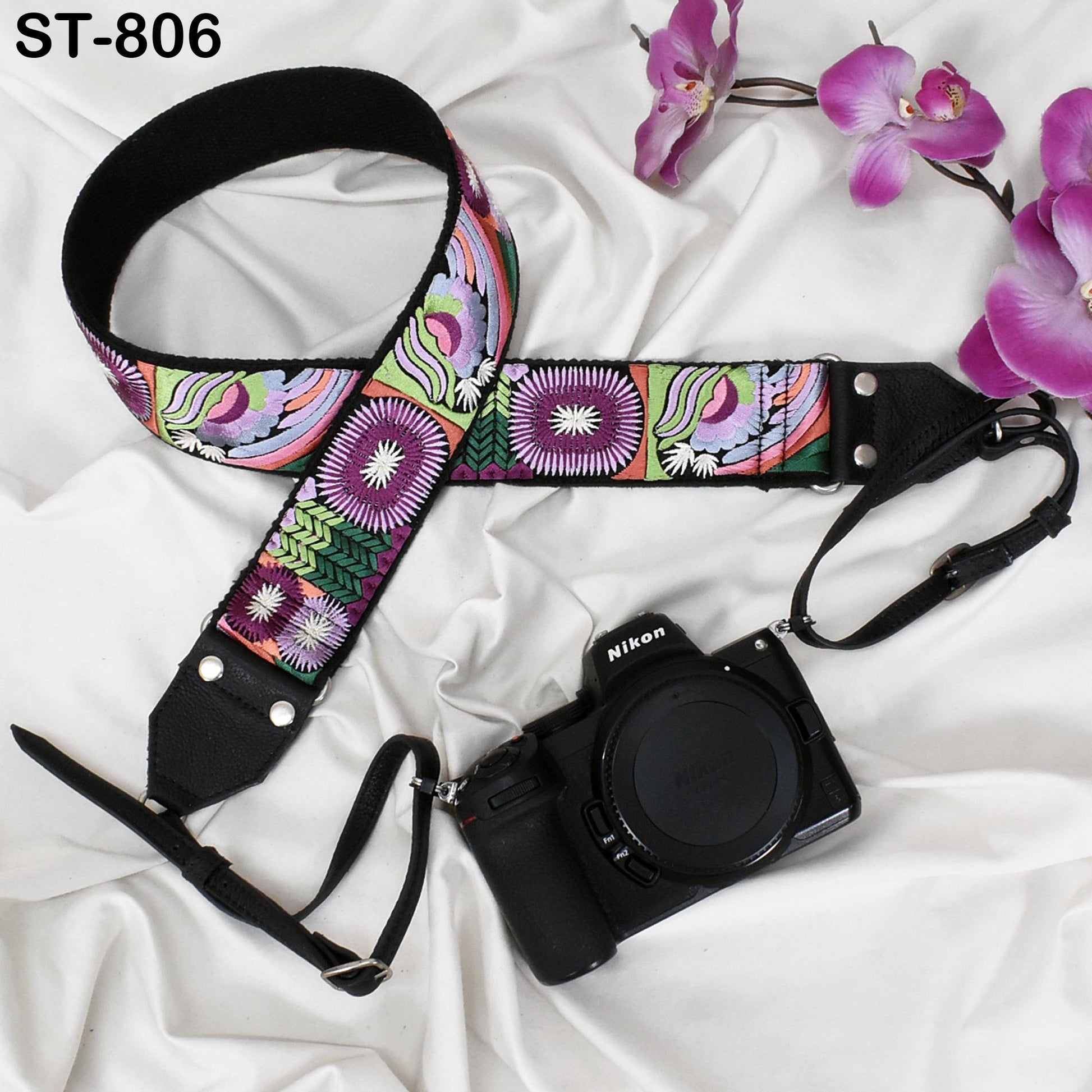 Leather Camera Strap Photographer Gift Adjustable Camera Neck Strap Embroidery Sling DSLR Camera Accessories Black Gift Boyfriend, Mother