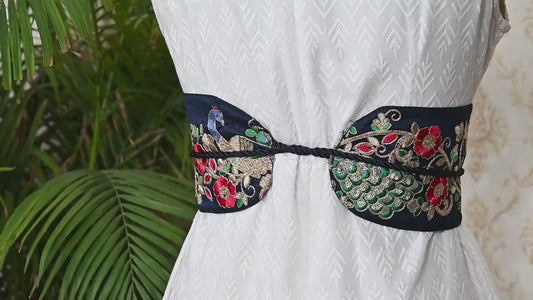 Reversible Embroidery Fabric Belt Blue Obi Wrap Women Sash Belt Adjustable Bohemian Ethnic Customize Summer Wedding Dress Gift for Sister
