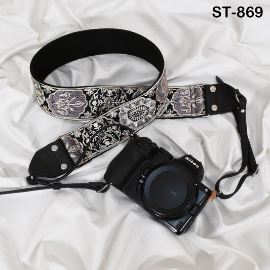 Embroidered Fabric Leather Camera Strap, Adjustable Neck Shoulder Sling Bag
