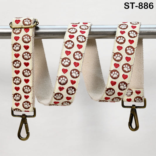 Embroidered Cotton Strap: Paw Print Heart Pattern, Adjustable Bag Replacement