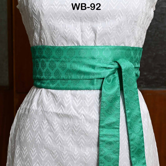 Handmade Reversible Silk Brocade Obi Belt: Green Jacquard Sash for Wedding Dresses (Adjustable)