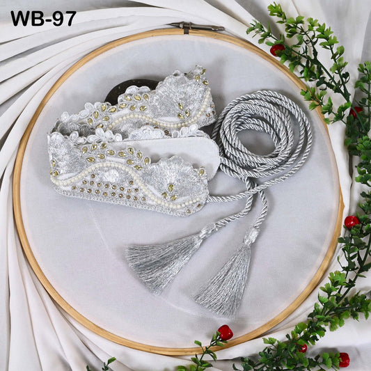 Adjustable Embroidered Silver Obi Belt with Sequins and Beads, Ethnic Bridal Sash (Customizable size)