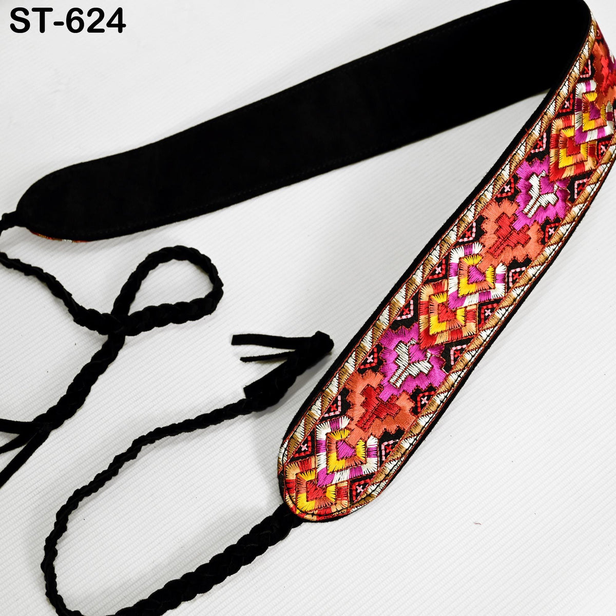 Reversible Embroidery Suede Leather Belt for Women, Bohemian Adjustable Obi Cinch Belt with Braided Ties, Wedding and Summer Dress Accessory