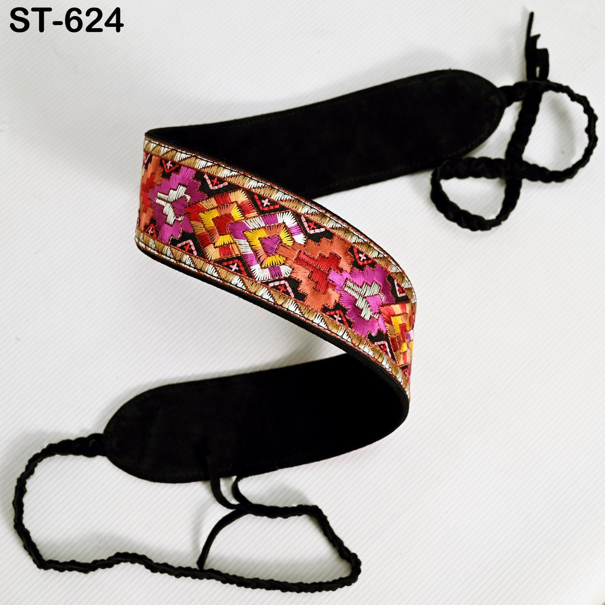 Reversible Embroidery Suede Leather Belt for Women, Bohemian Adjustable Obi Cinch Belt with Braided Ties, Wedding and Summer Dress Accessory