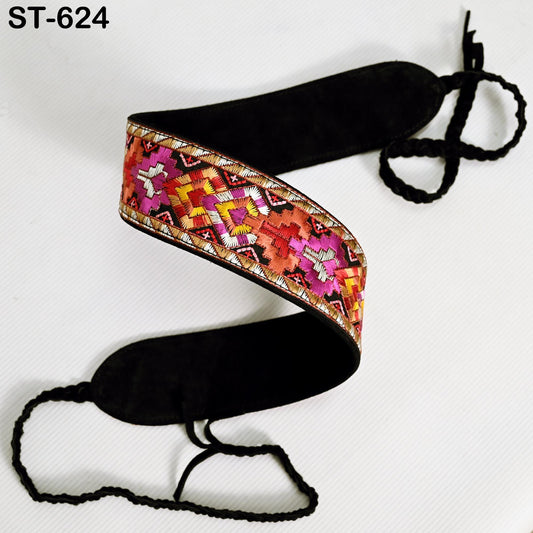 Reversible Embroidery Suede Leather Belt for Women, Bohemian Adjustable Obi Cinch Belt with Braided Ties, Wedding and Summer Dress Accessory