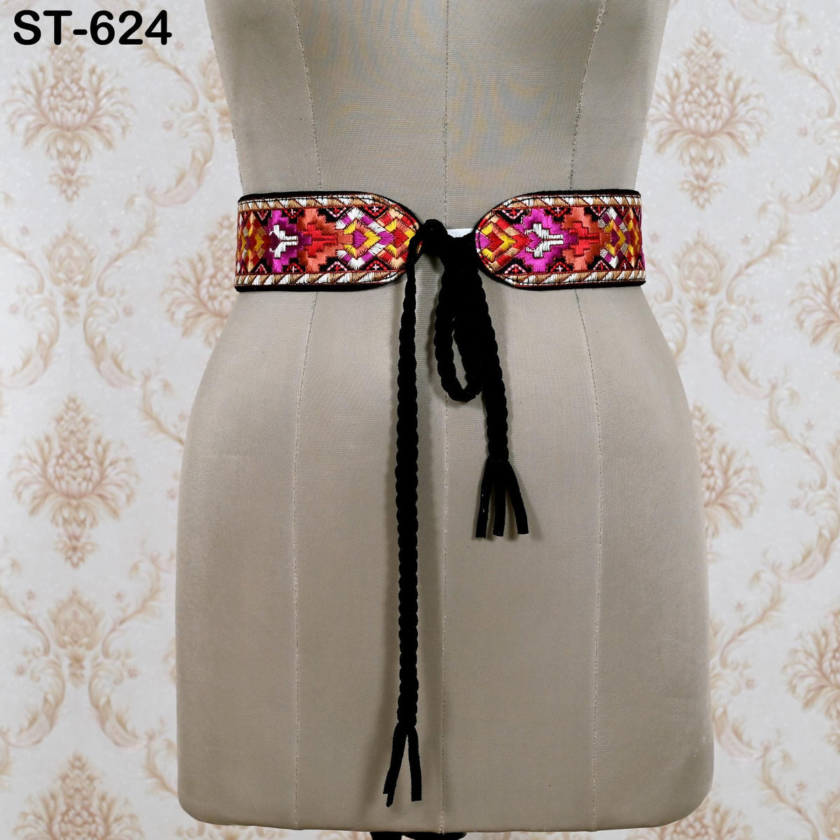 Reversible Embroidery Suede Leather Belt for Women, Bohemian Adjustable Obi Cinch Belt with Braided Ties, Wedding and Summer Dress Accessory