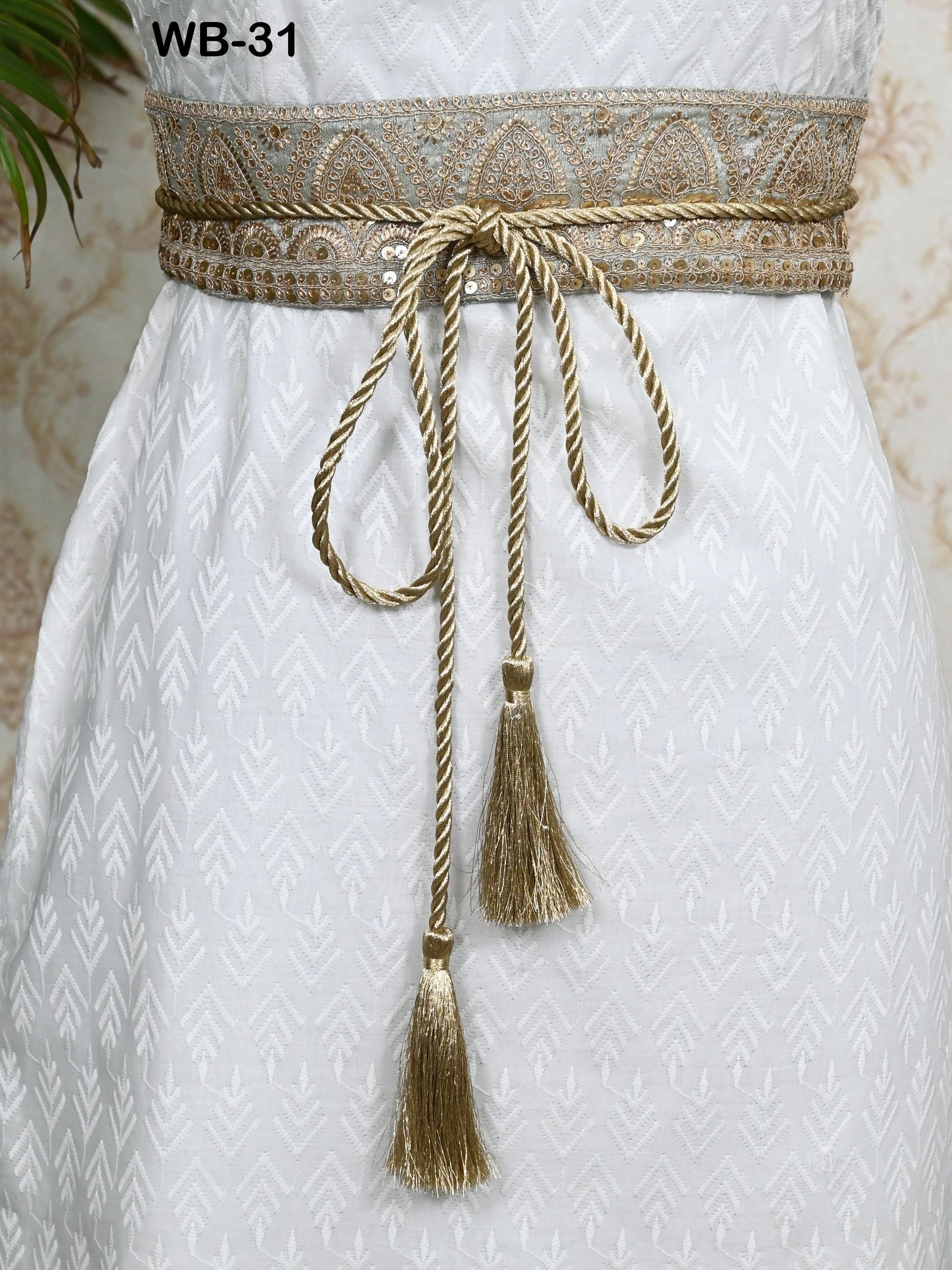 Reversible Embroidery Fabric Belt Gold Obi Wrap Women Sash Belt Adjustable Bohemian Ethnic Customized Summer Wedding Dress Gift Friend Grey