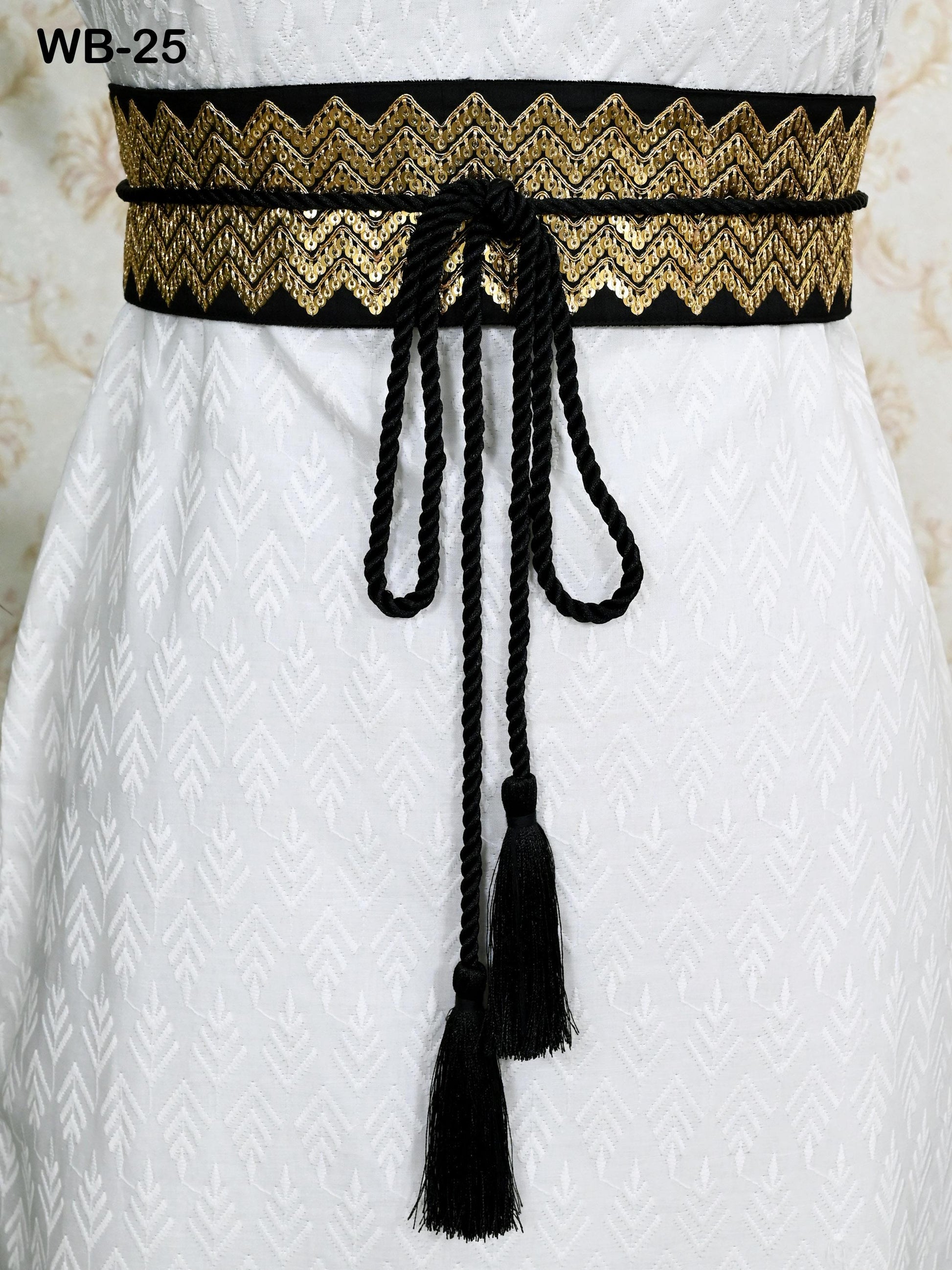 Reversible Embroidery Fabric Belt Gold Obi Wrap Women Sash Belt Adjustable Bohemian Ethnic Customized Summer Wedding Dress Gift Friend Black