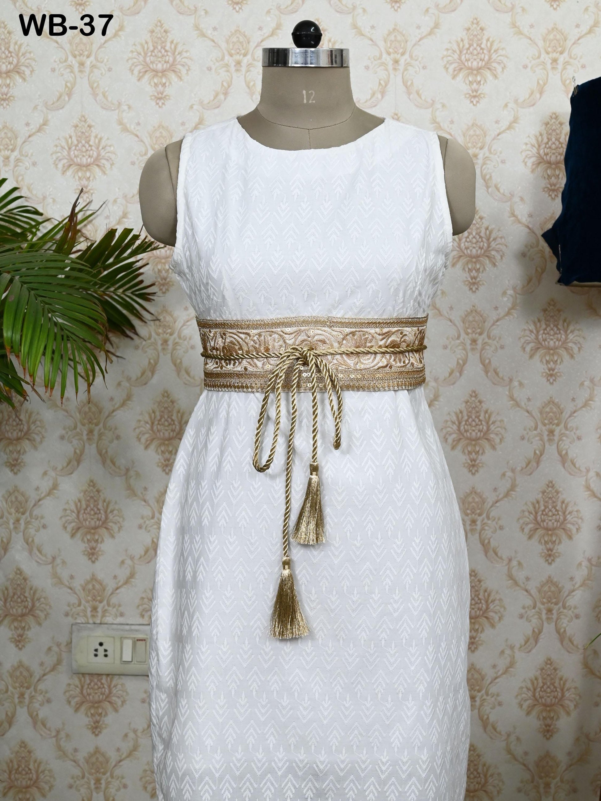 Reversible Embroidery Fabric Belt Gold Obi Wrap Women Sash Belt Adjustable Bohemian Ethnic Customized Summer Wedding Dress Gift Friend Ivory