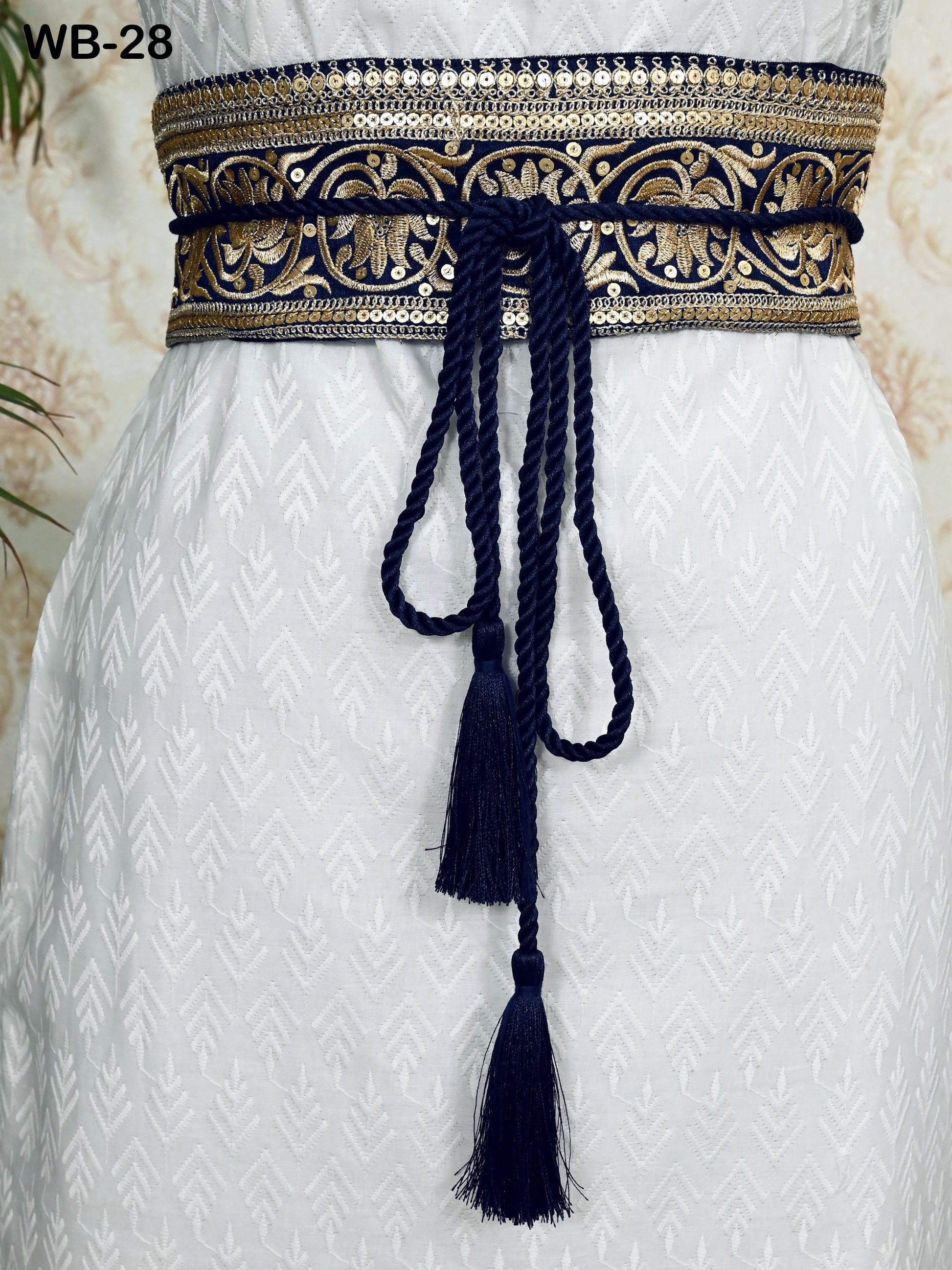 Reversible Embroidery Fabric Belt Gold Obi Wrap Women Sash Belt Adjustable Bohemian Ethnic Customize Summer Wedding Dress Gift for Friend