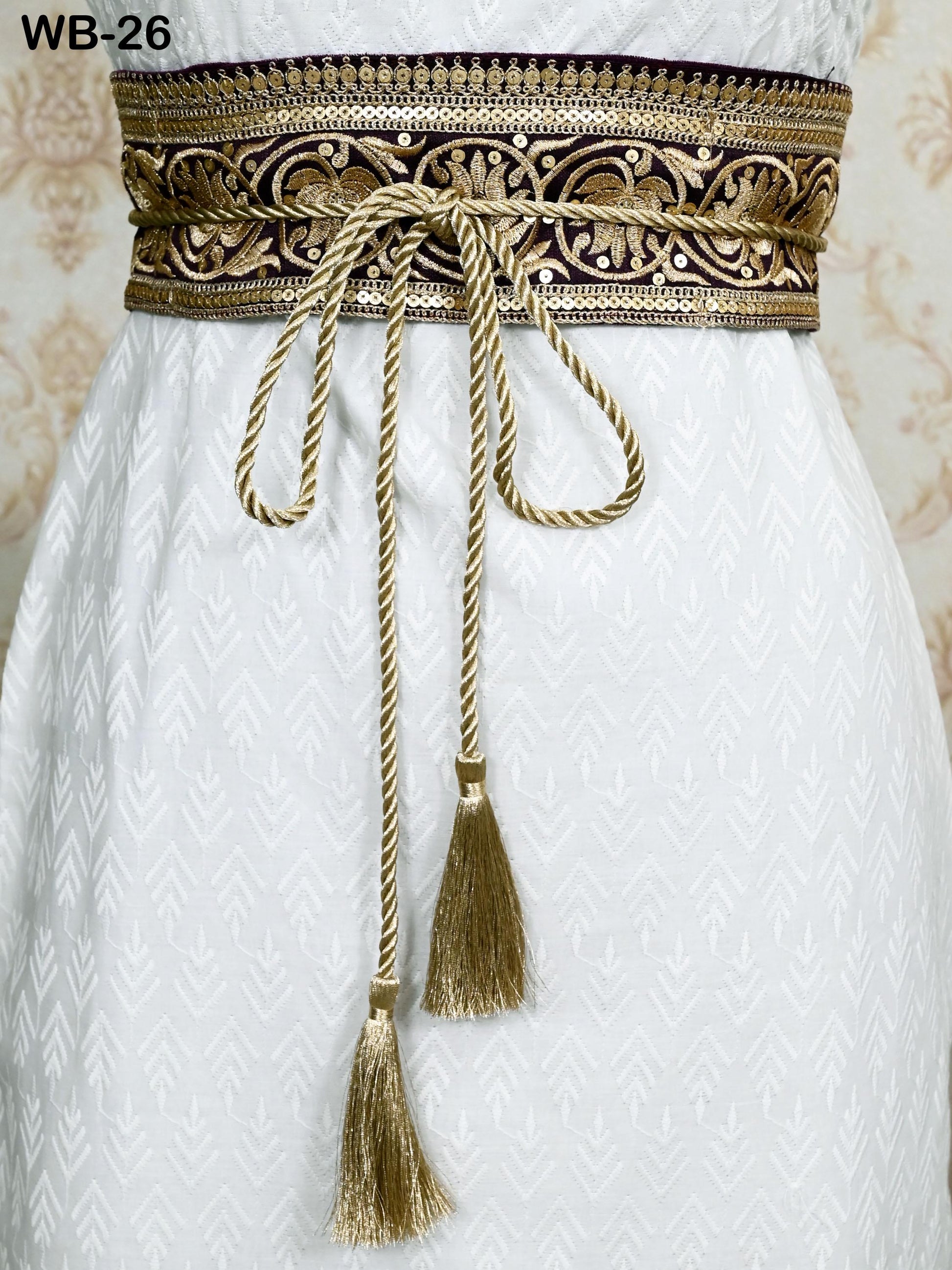 Reversible Embroidery Fabric Belt Gold Obi Wrap Women Sash Belt Adjustable Bohemian Ethnic Customize Summer Wedding Dress Gift for Friend