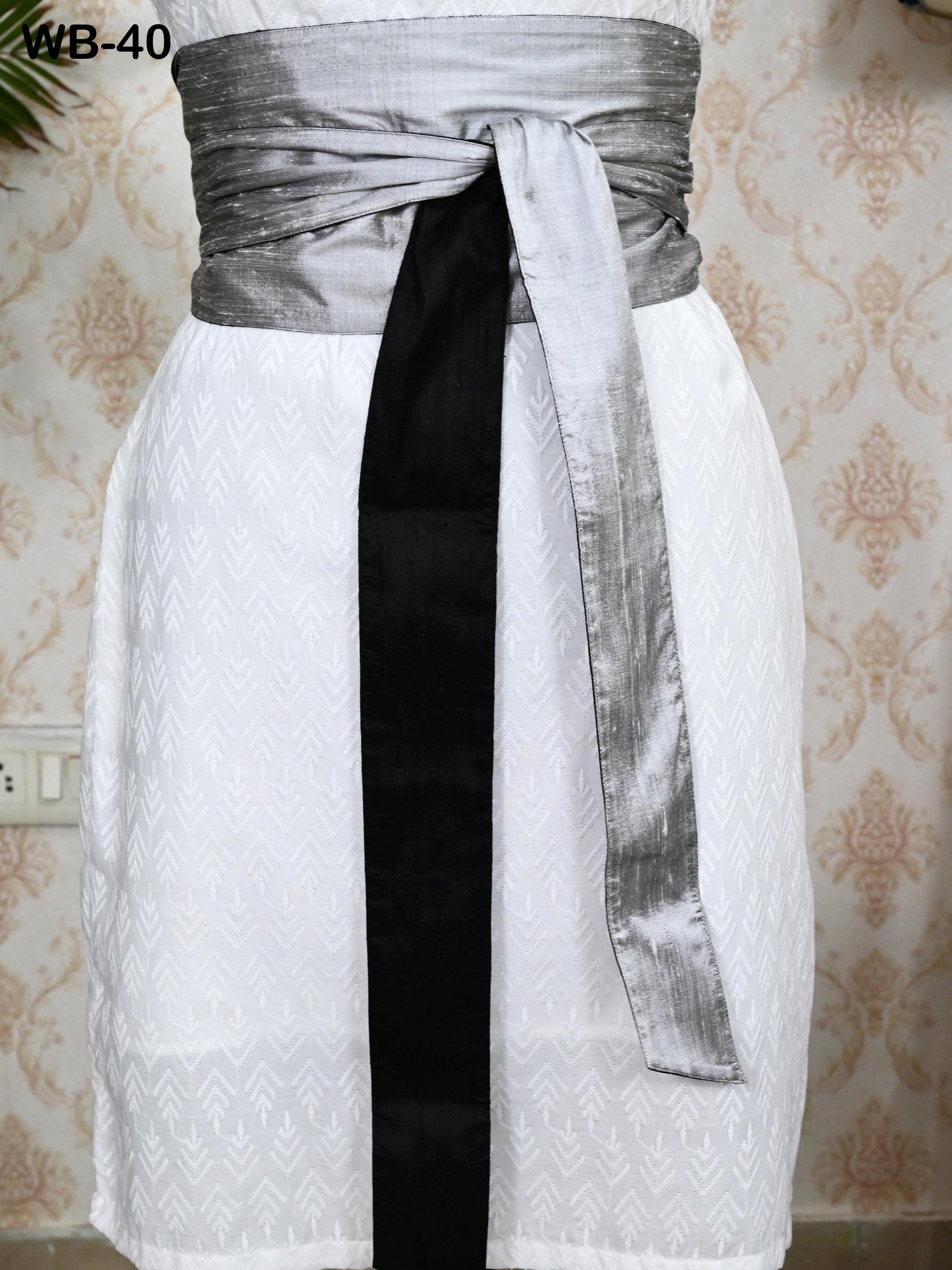 Silk Shantung Reversible Fabric Belt Grey Black Obi Wrap Women Sash Belt Adjustable Customized Wedding Dress Gift Mom Daughter Wrap & Tie