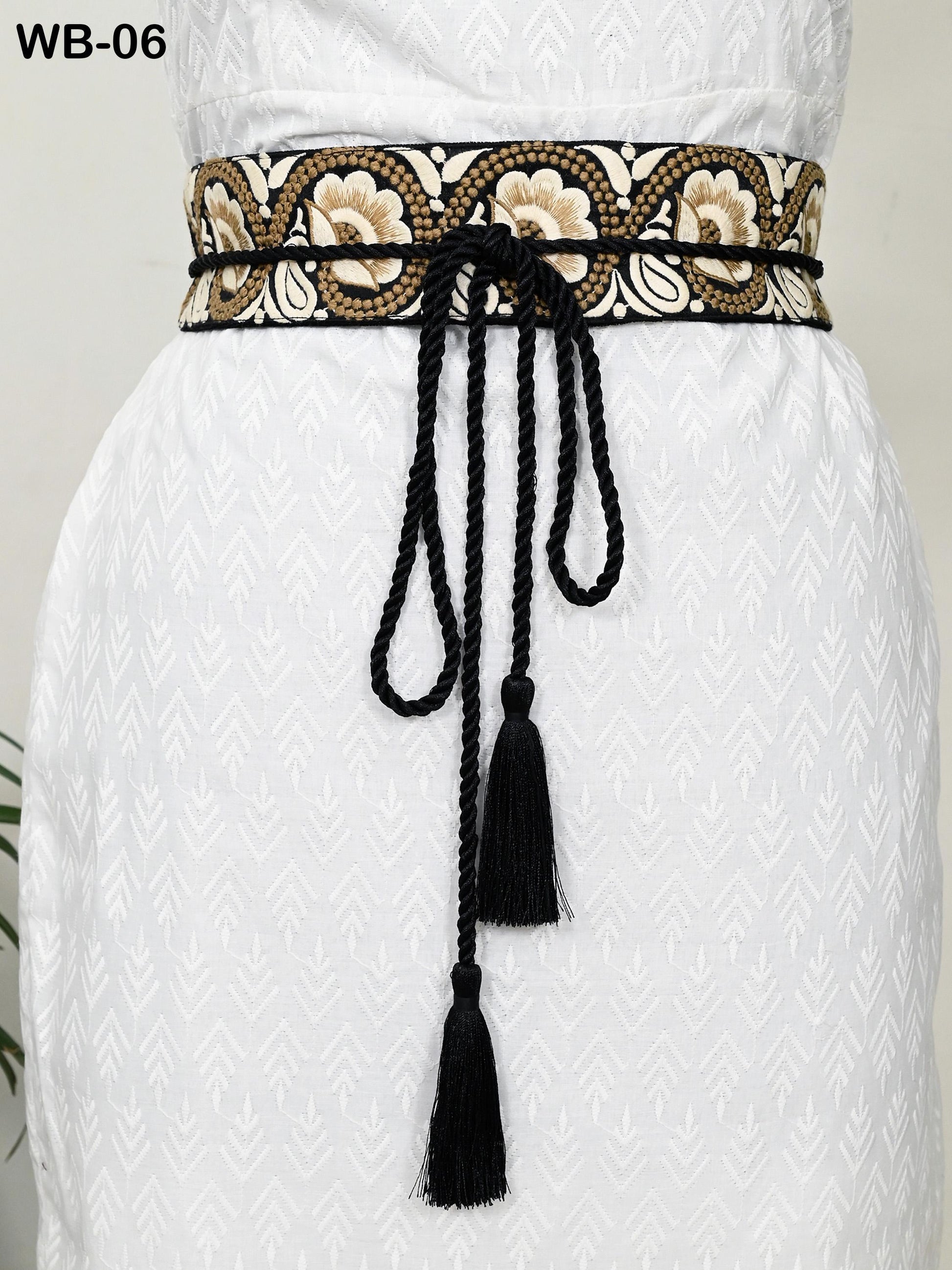 Reversible Embroidered Obi Belt Wrap Women Sash Belt Adjustable Bohemian Ethnic Customized Summer Wedding Dress Gift Sister Black Ivory