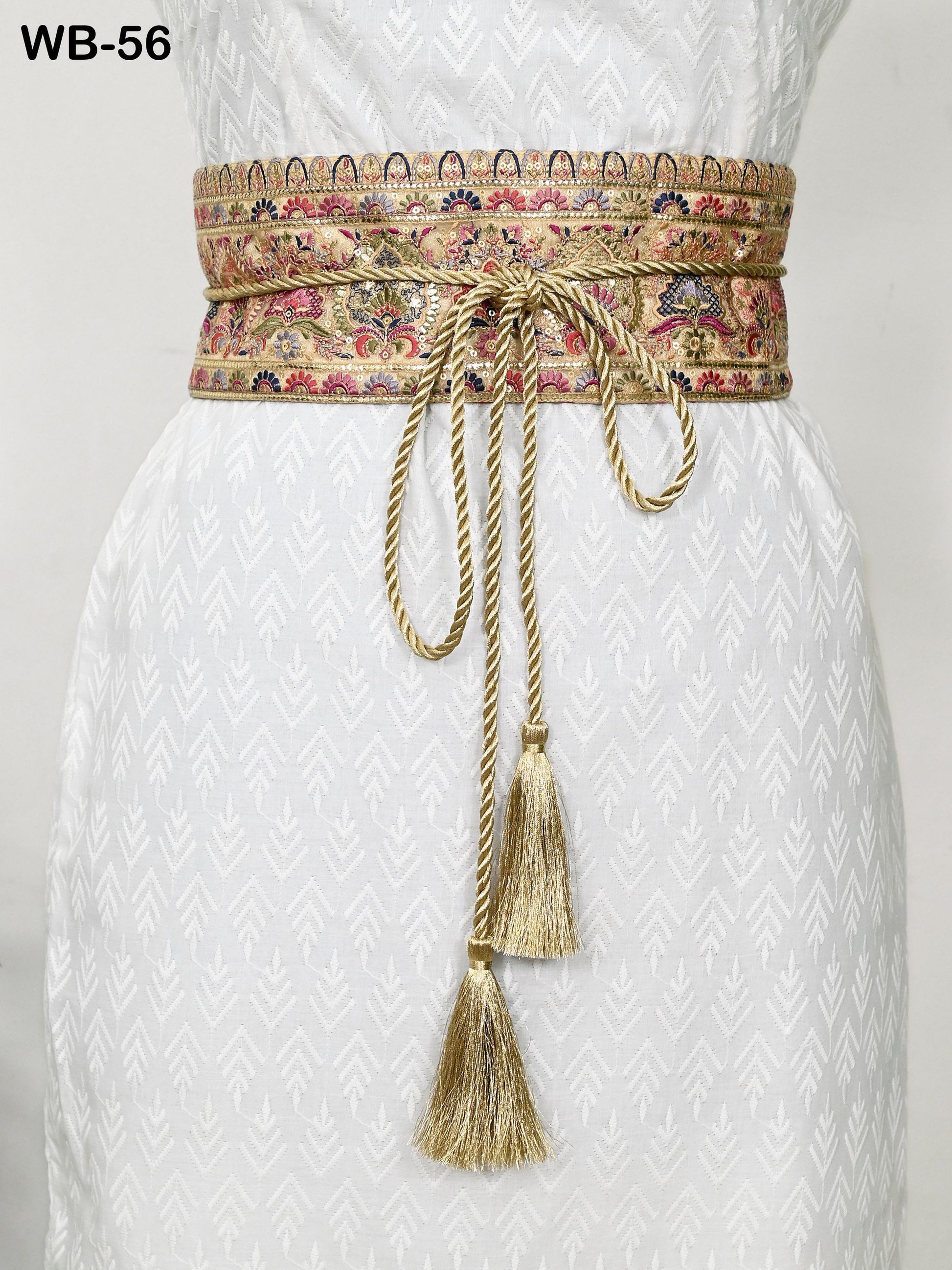 Beige Reversible Embroidery Fabric Belt Gold Obi Wrap Women Sash Belt Adjustable Bohemian Ethnic Customized Summer Wedding Dress Gift Friend