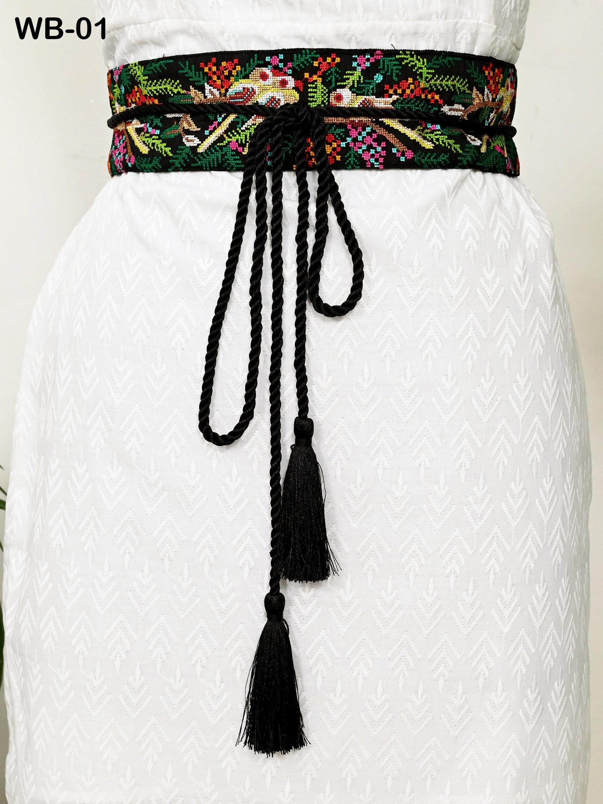 Reversible Embroidery Fabric Belt Black Obi Wrap Women Sash Belt Adjustable Bohemian Ethnic Customize Summer Wedding Dress Gift for Friend