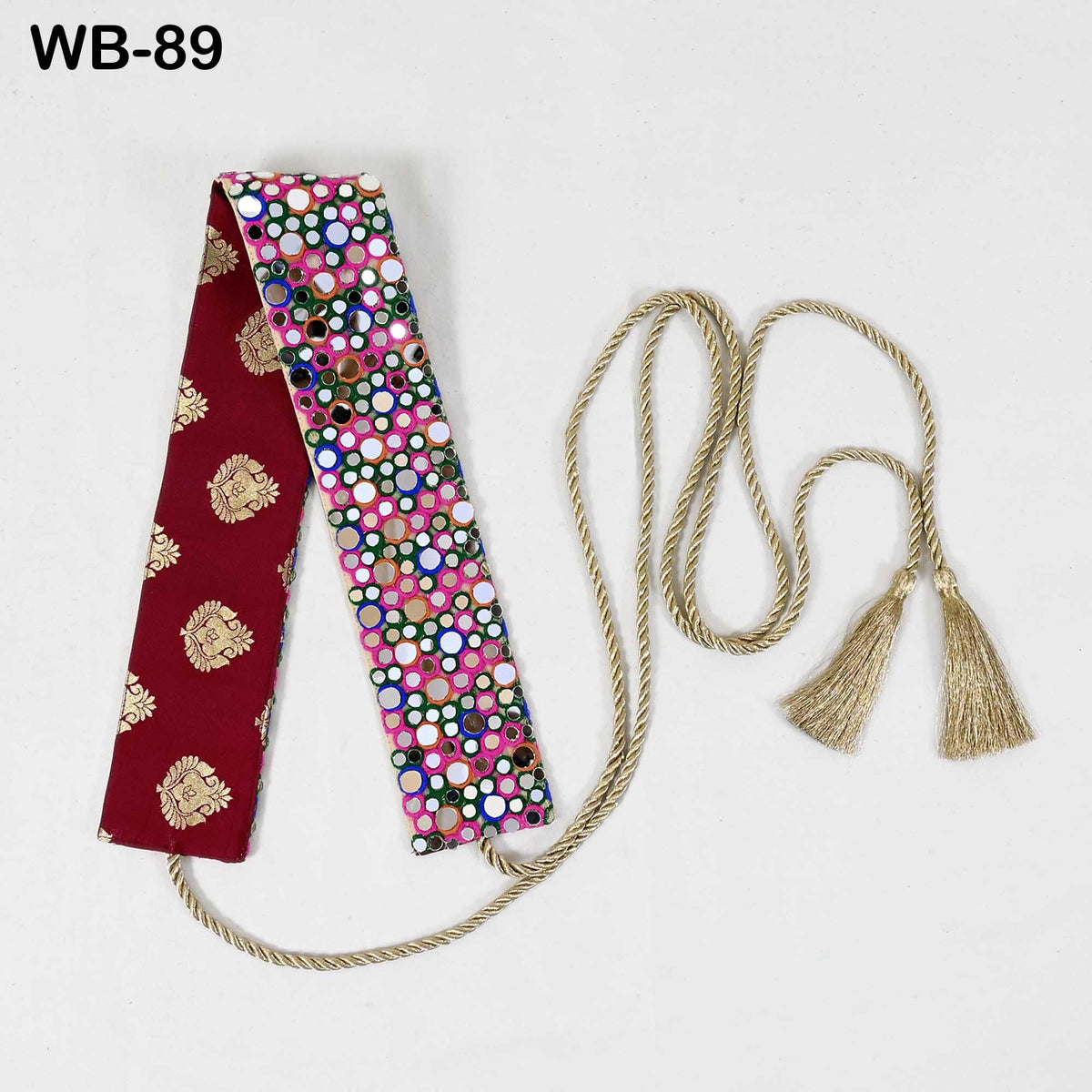 Embroidered Belt, Boho Reversible Obi Wrap | Fabric With Mirrors, Maroon Brocade Reverse | S-XL Adjustable