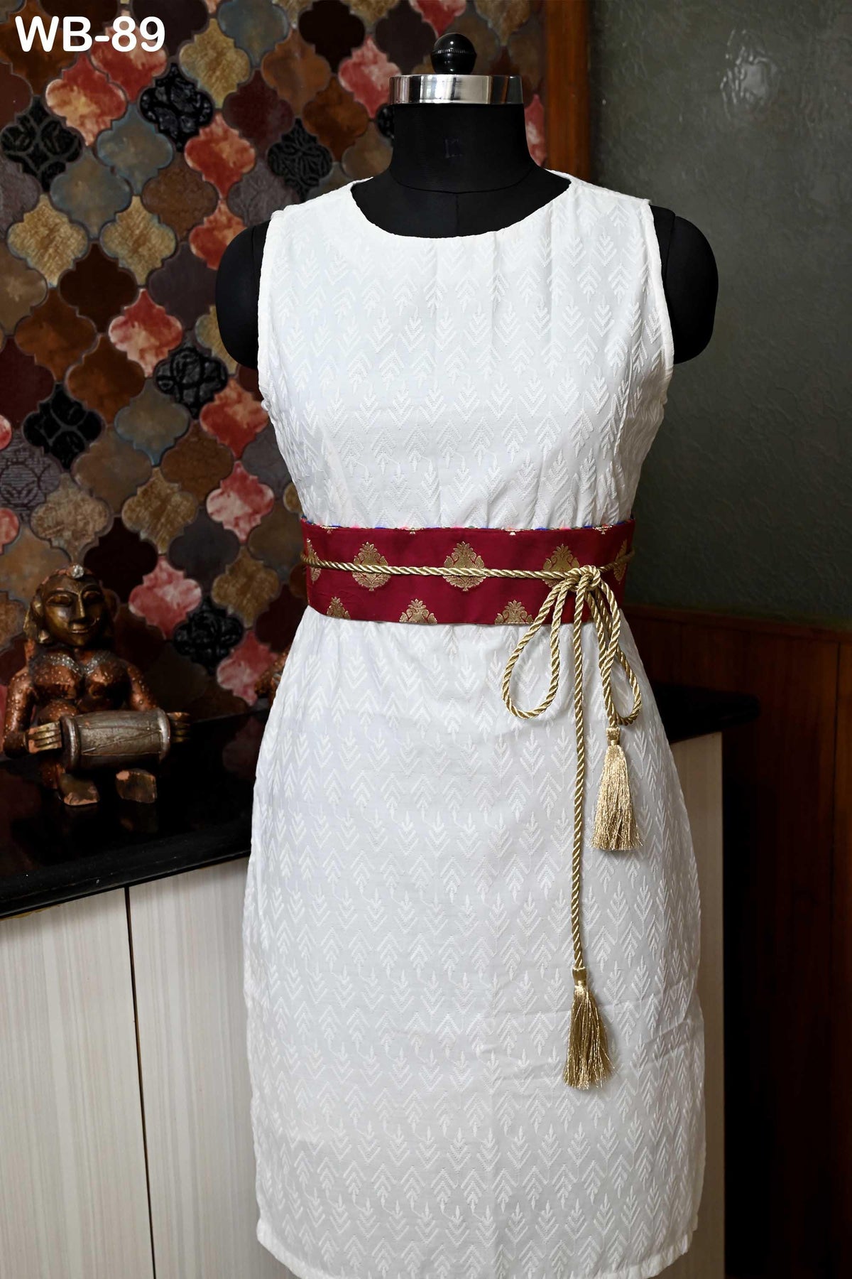 Embroidered Belt, Boho Reversible Obi Wrap | Fabric With Mirrors, Maroon Brocade Reverse | S-XL Adjustable