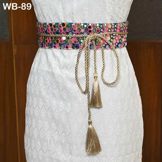 Embroidered Belt, Boho Reversible Obi Wrap | Fabric With Mirrors, Maroon Brocade Reverse | S-XL Adjustable