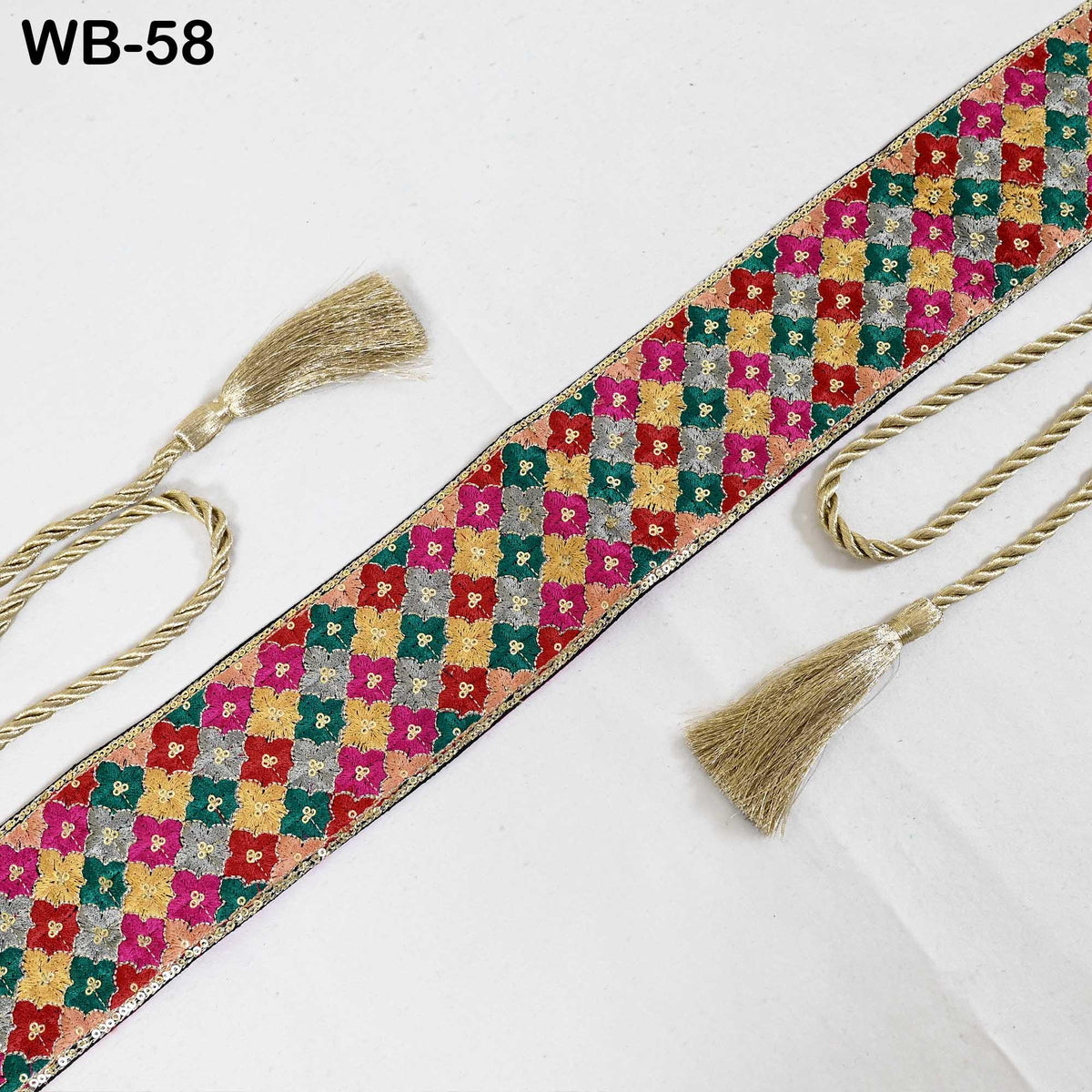 Obi Embroidery Belt, Multicolor Reversible Sash | Embroidered Fabric, Velvet Back | Adjustable, S-XL