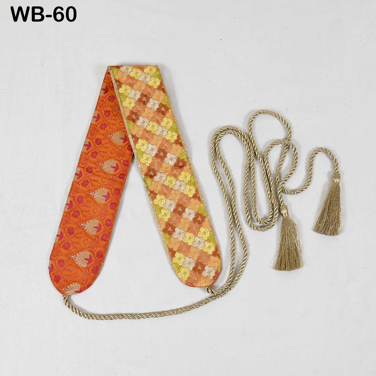 Boho Tie Belt, Embroidered Obi Sash | Velvet Back Brocade, Multicolor | 29in Panel, 3in Width, 45in Tassel Ties, S-XL
