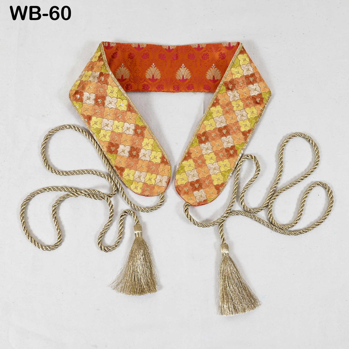 Boho Tie Belt, Embroidered Obi Sash | Velvet Back Brocade, Multicolor | 29in Panel, 3in Width, 45in Tassel Ties, S-XL