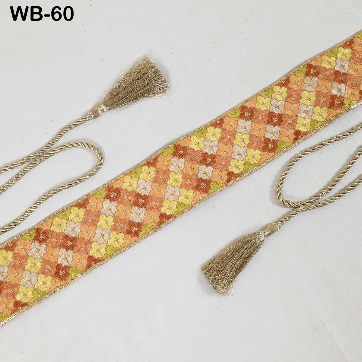 Boho Tie Belt, Embroidered Obi Sash | Velvet Back Brocade, Multicolor | 29in Panel, 3in Width, 45in Tassel Ties, S-XL