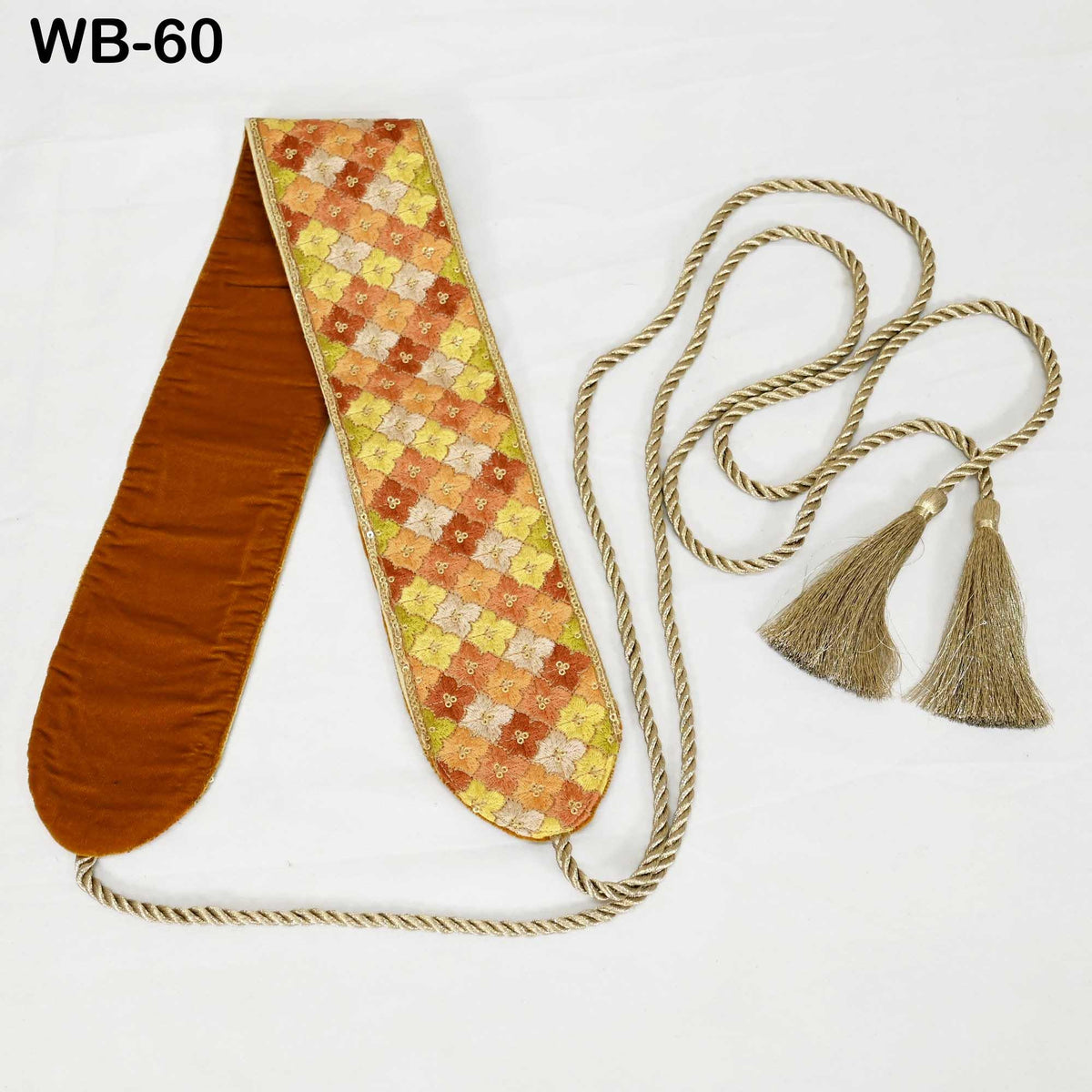 Boho Tie Belt, Embroidered Obi Sash | Velvet Back Brocade, Multicolor | 29in Panel, 3in Width, 45in Tassel Ties, S-XL