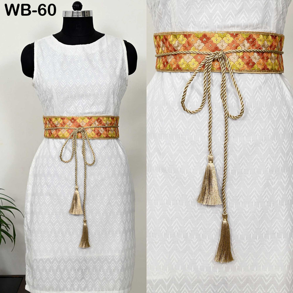 Boho Tie Belt, Embroidered Obi Sash | Velvet Back Brocade, Multicolor | 29in Panel, 3in Width, 45in Tassel Ties, S-XL