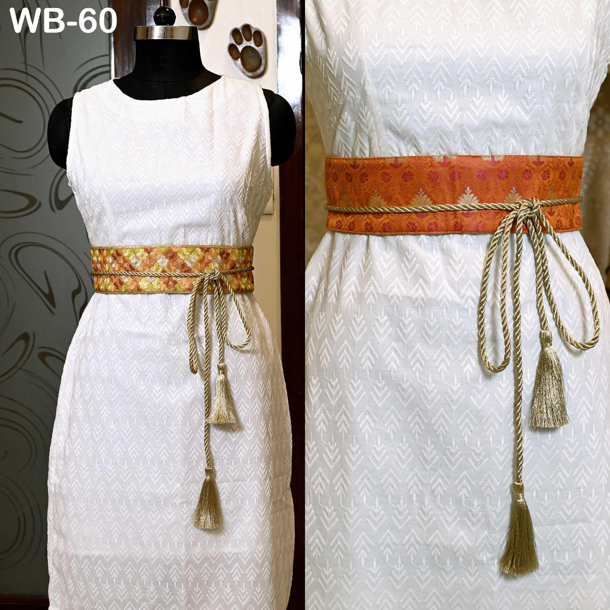 Boho Tie Belt, Embroidered Obi Sash | Velvet Back Brocade, Multicolor | 29in Panel, 3in Width, 45in Tassel Ties, S-XL