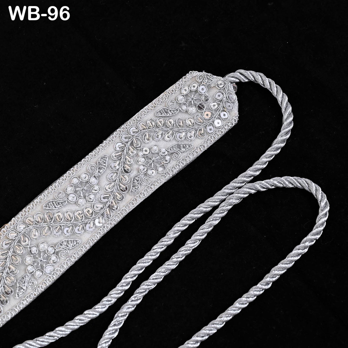 Reversible Embroidered Silver Obi Belt with Sequins and Beads, Bohemian Ethnic Sash (Customizable size)