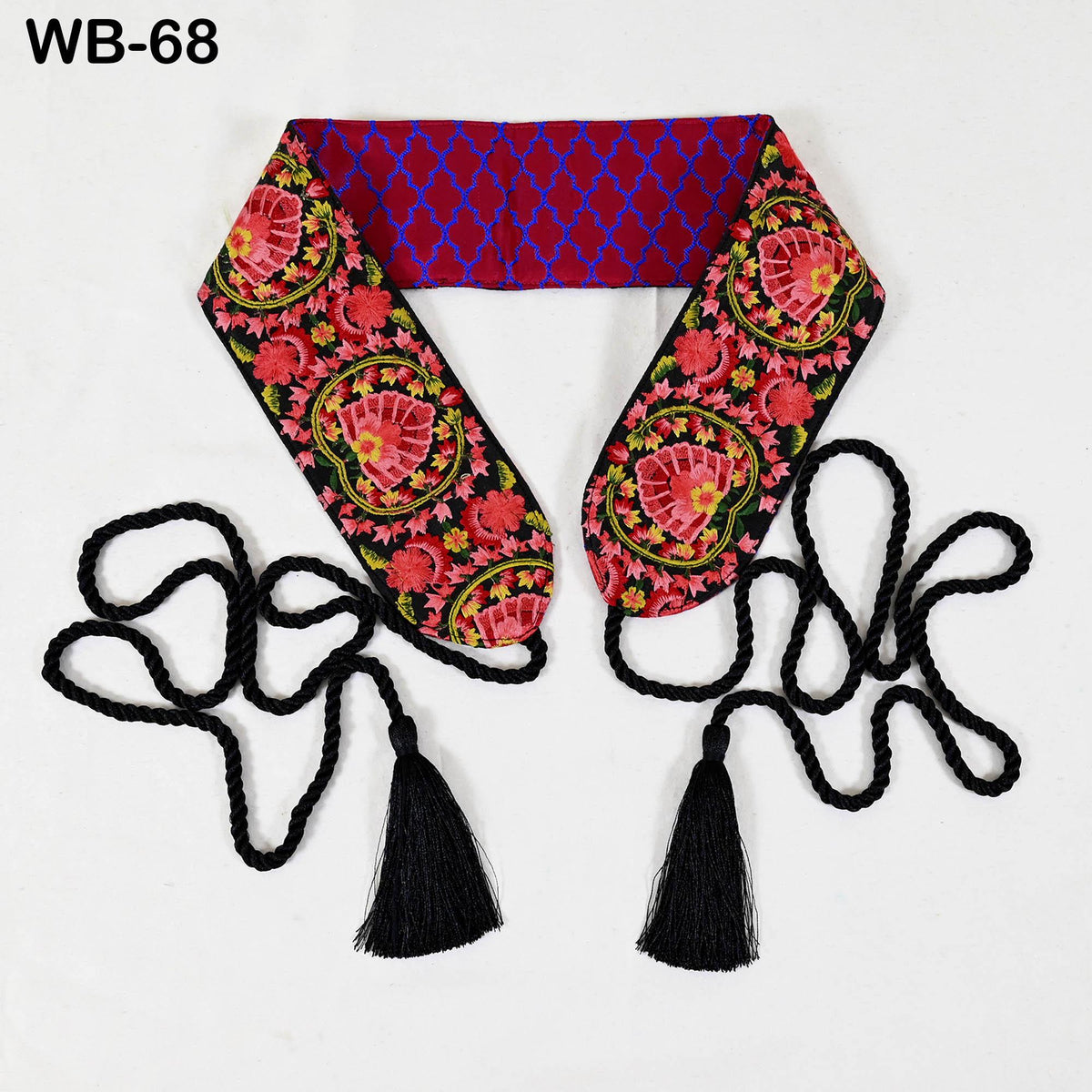 Embroidered Belt Obi Sash, Reversible Brocade Velvet, Boho Ethnic Wrap (Adjustable S-XL, Red Green)