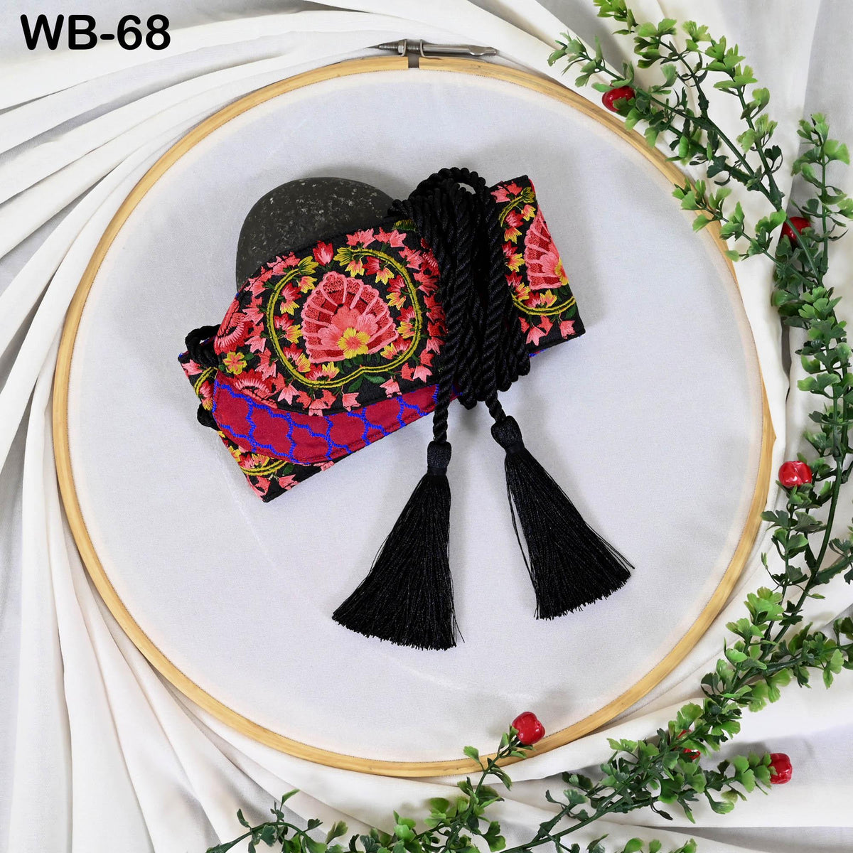 Embroidered Belt Obi Sash, Reversible Brocade Velvet, Boho Ethnic Wrap (Adjustable S-XL, Red Green)
