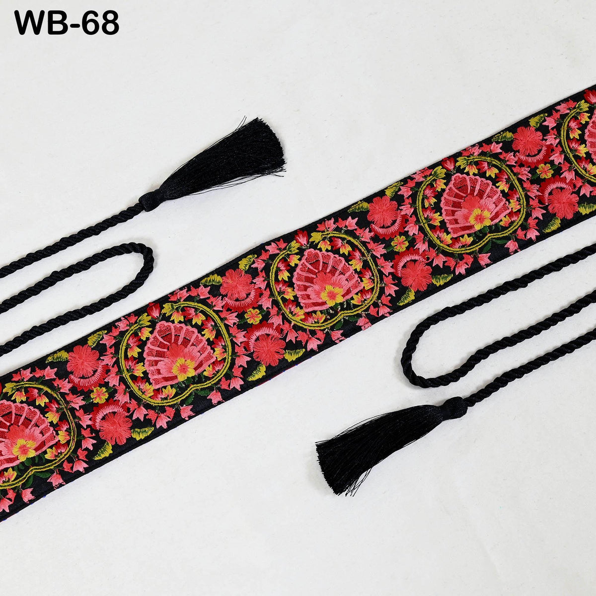 Embroidered Belt Obi Sash, Reversible Brocade Velvet, Boho Ethnic Wrap (Adjustable S-XL, Red Green)