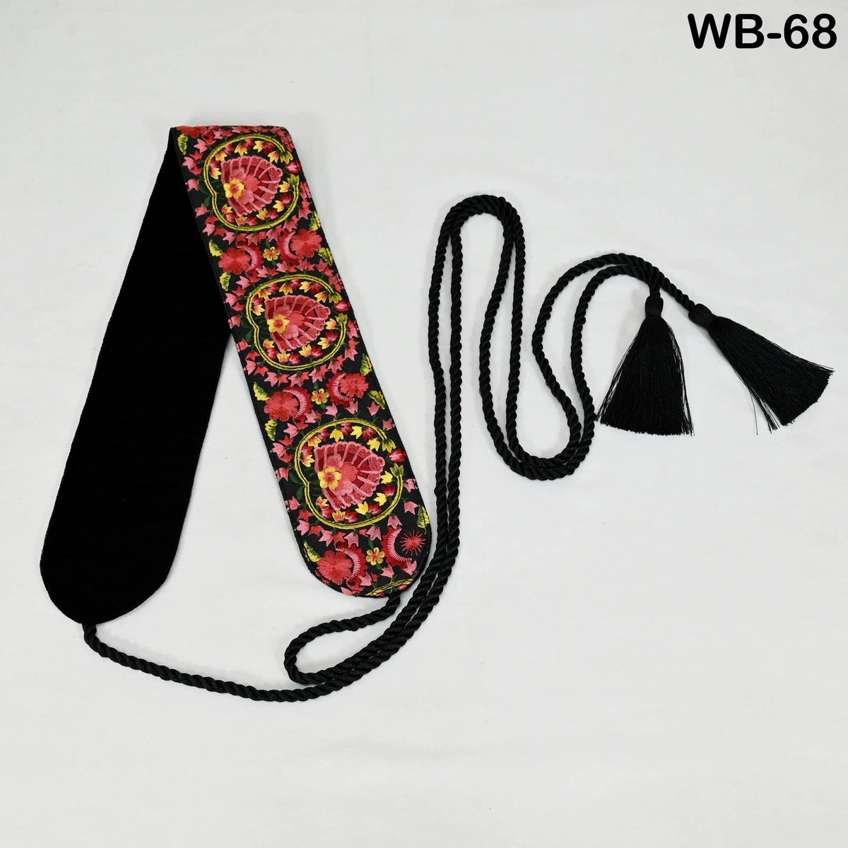 Embroidered Belt Obi Sash, Reversible Brocade Velvet, Boho Ethnic Wrap (Adjustable S-XL, Red Green)