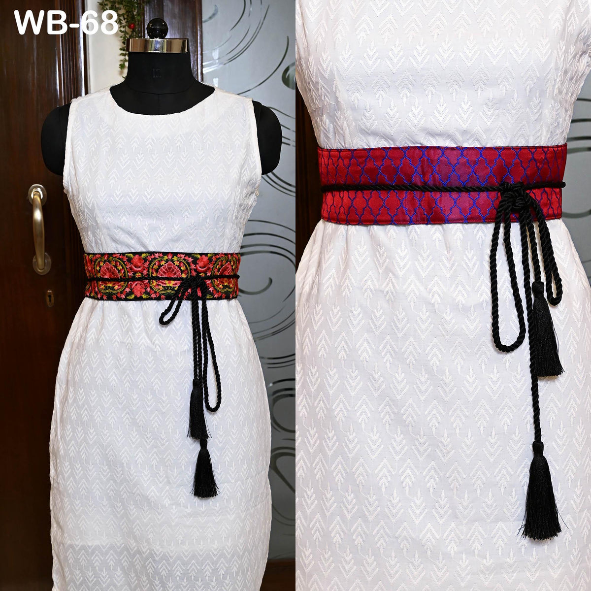 Embroidered Belt Obi Sash, Reversible Brocade Velvet, Boho Ethnic Wrap (Adjustable S-XL, Red Green)