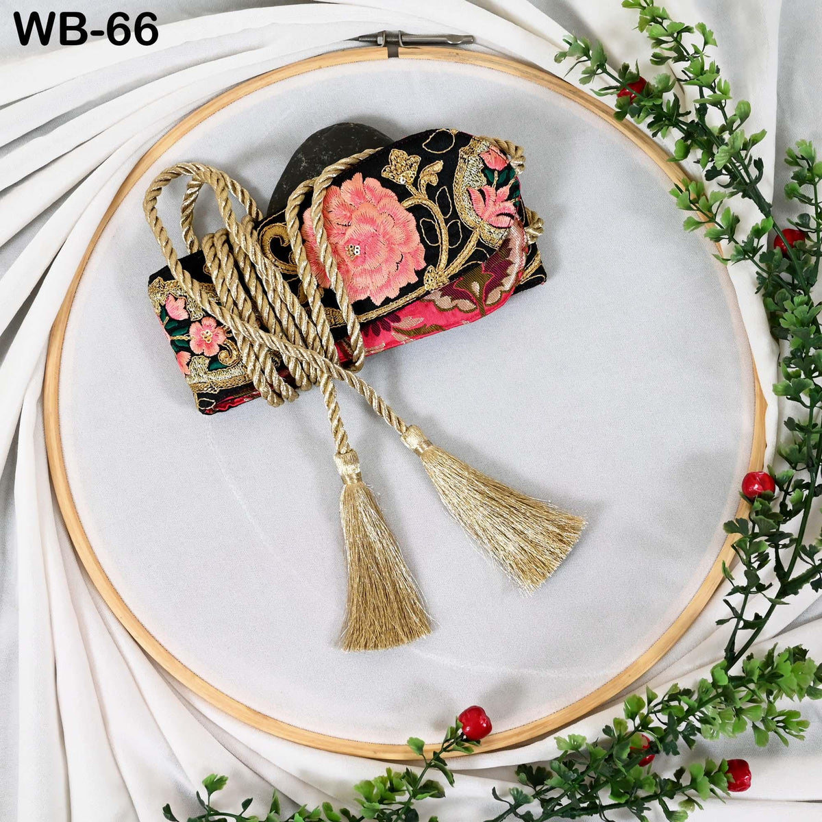 Embroidered Belt, Boho Reversible Sash - Wine Floral Brocade, Velvet Back | Adjustable S/M-XL, Tassel Ties