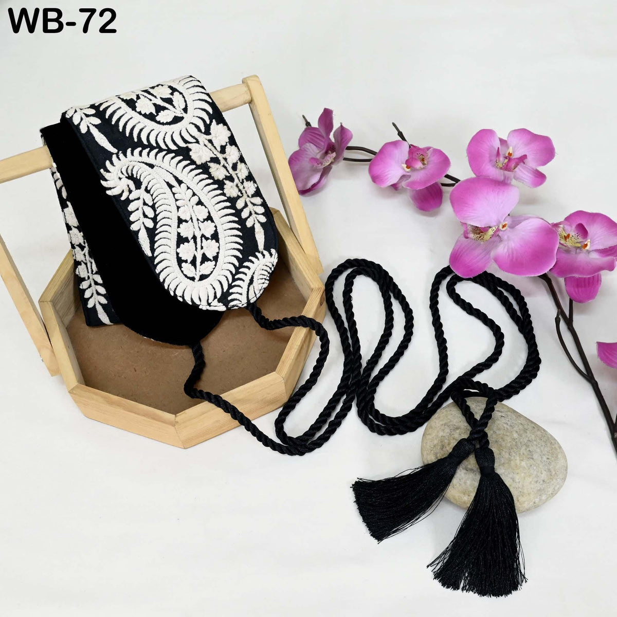 Reversible Embroidery Fabric Belt: Black Velvet Sash | Brocade, Adjustable Boho Wedding Accessory