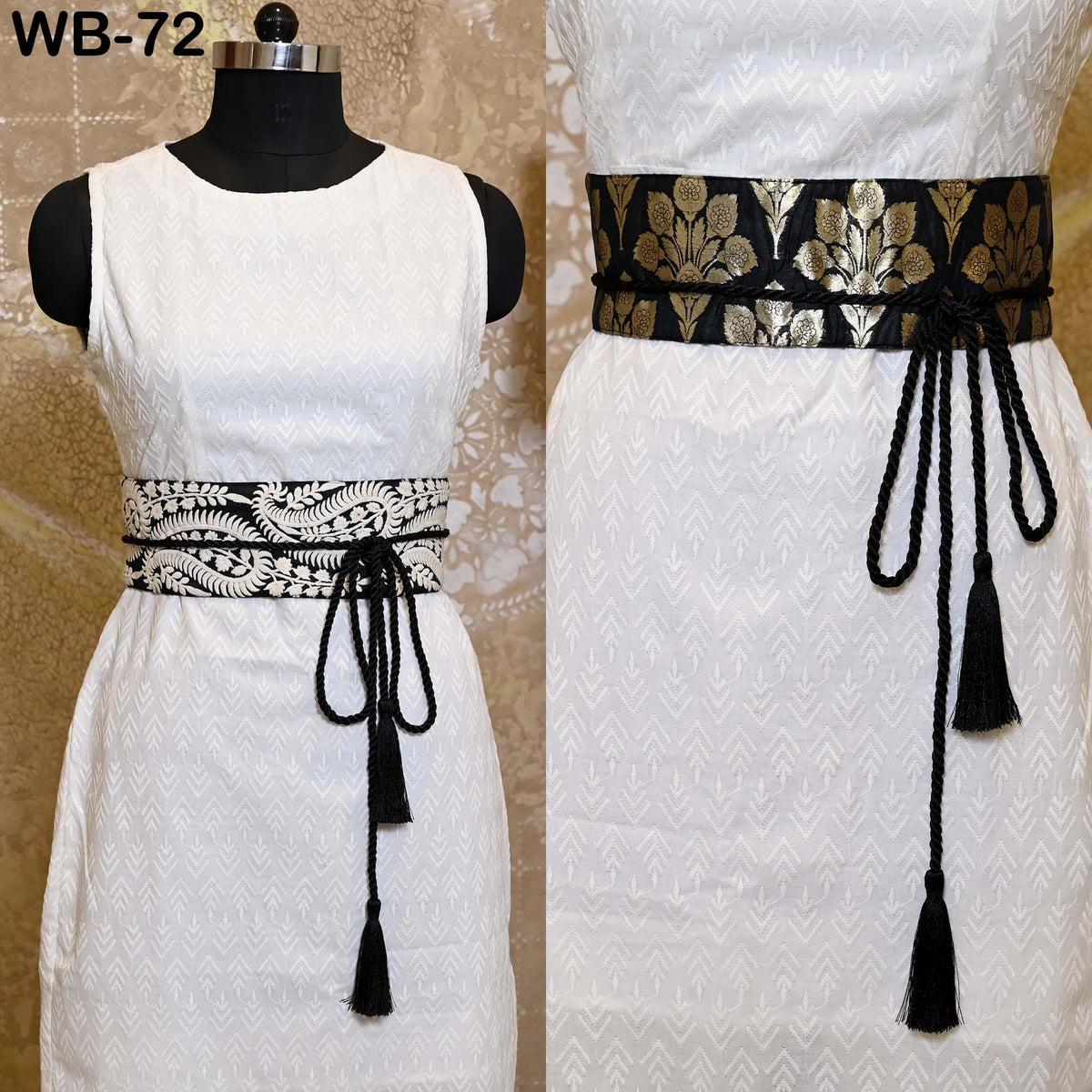 Reversible Embroidery Fabric Belt: Black Velvet Sash | Brocade, Adjustable Boho Wedding Accessory