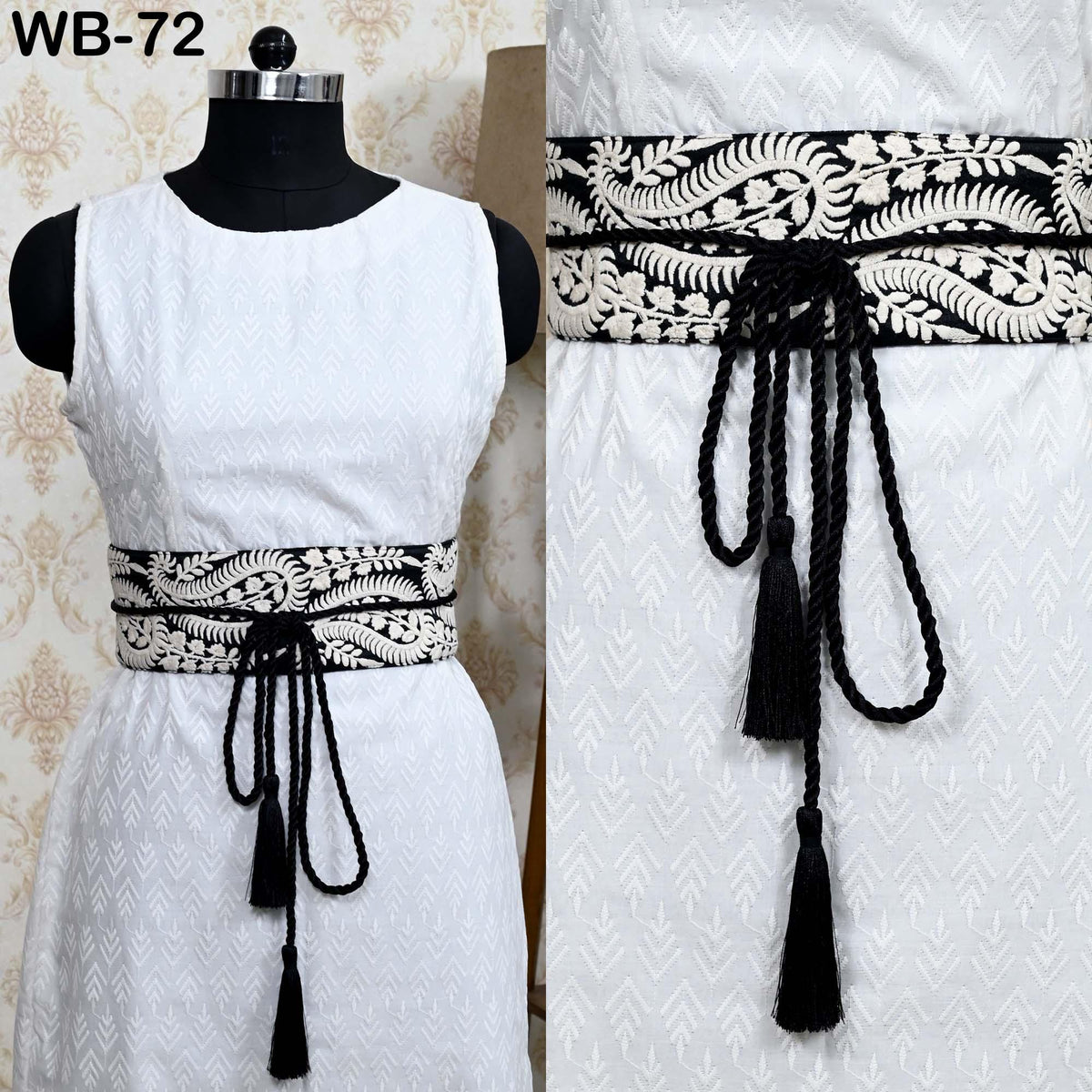 Reversible Embroidery Fabric Belt: Black Velvet Sash | Brocade, Adjustable Boho Wedding Accessory