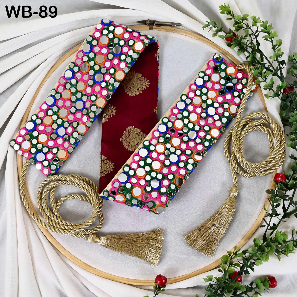 Embroidered Belt, Boho Reversible Obi Wrap | Fabric With Mirrors, Maroon Brocade Reverse | S-XL Adjustable