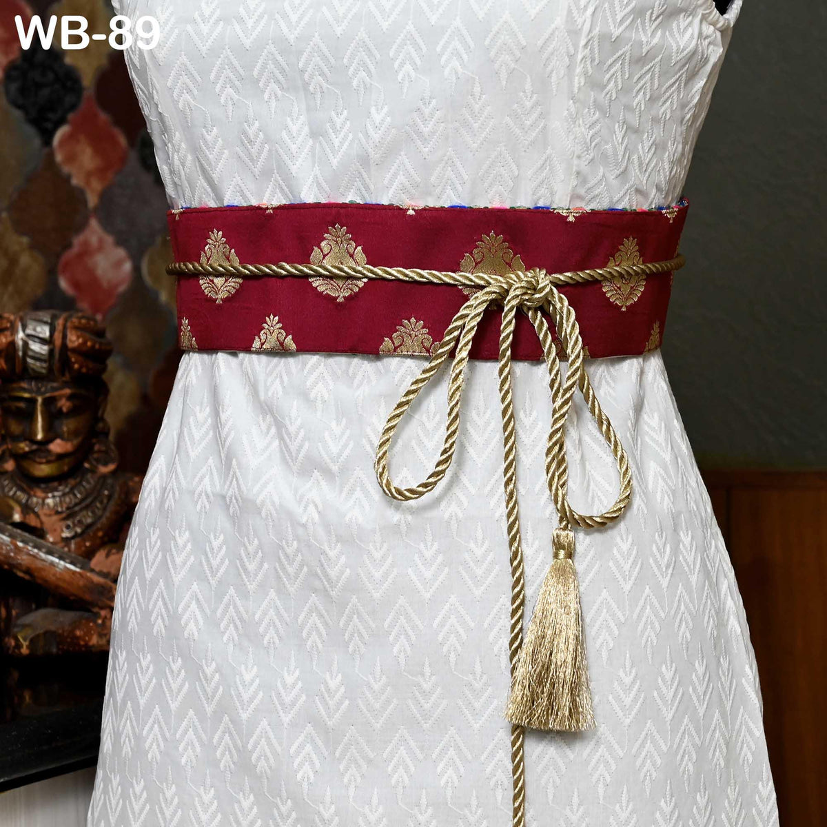 Embroidered Belt, Boho Reversible Obi Wrap | Fabric With Mirrors, Maroon Brocade Reverse | S-XL Adjustable