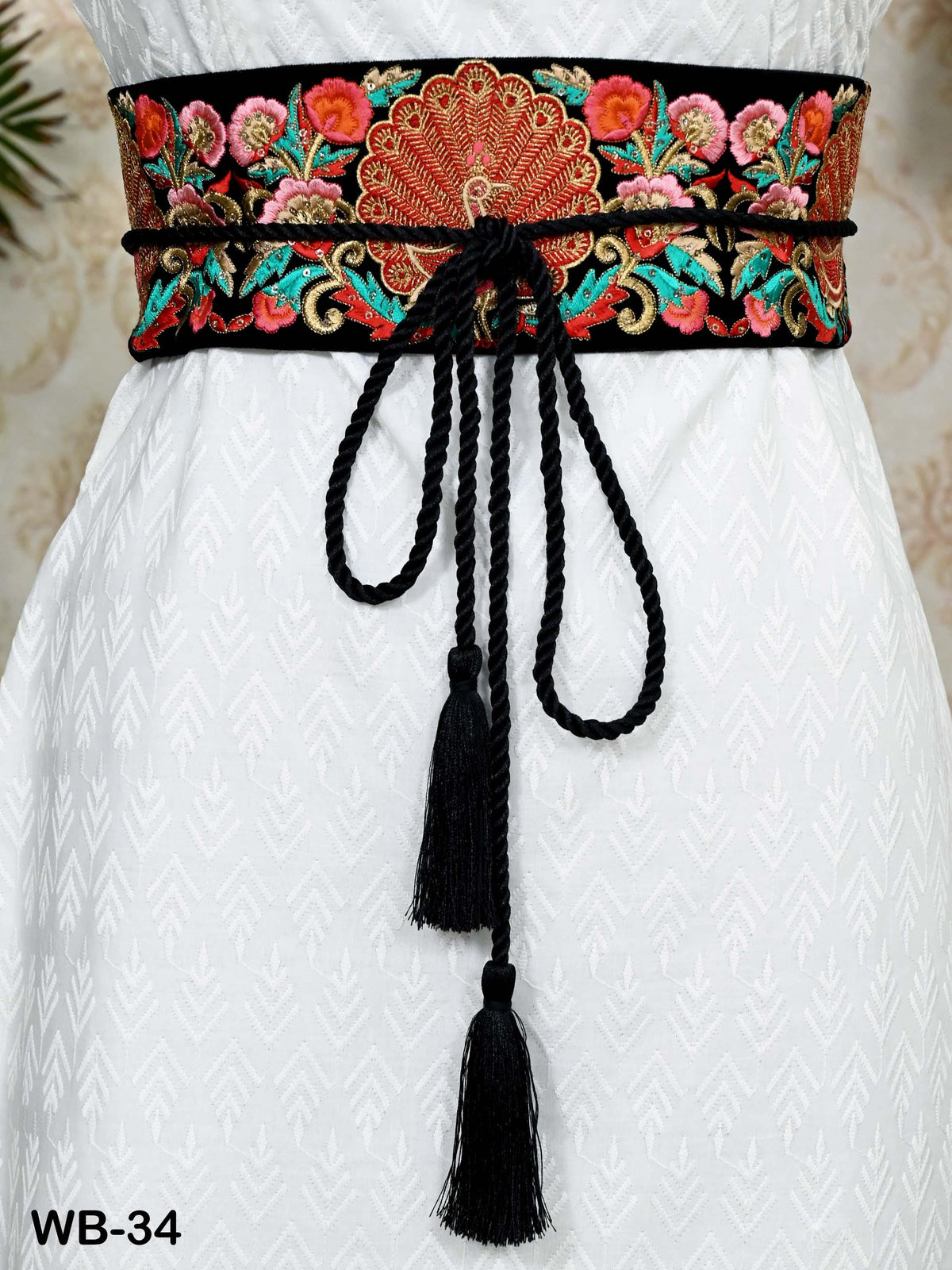 Reversible Embroidery Obi Belt, Black Velvet Women's Sash | Brocade Belt