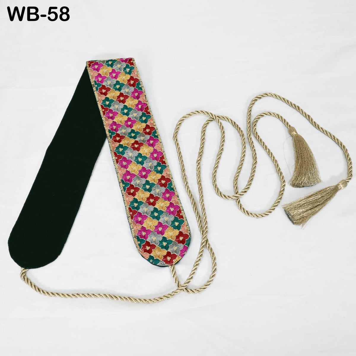 Obi Embroidery Belt, Multicolor Reversible Sash | Embroidered Fabric, Velvet Back | Adjustable, S-XL