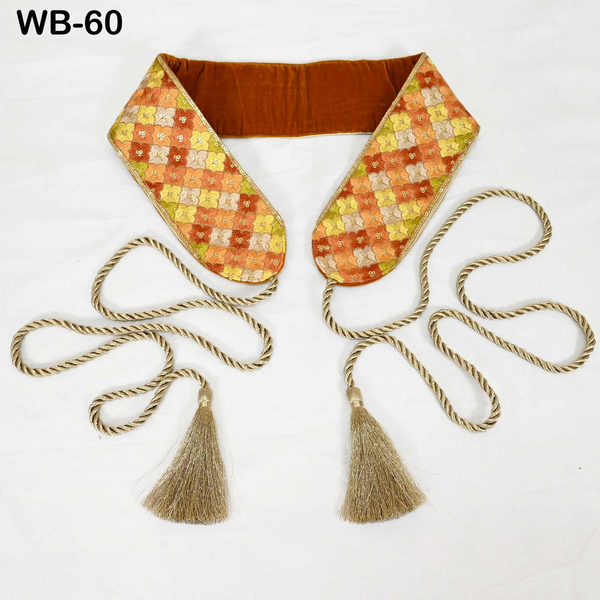 Boho Tie Belt, Embroidered Obi Sash | Velvet Back Brocade, Multicolor | 29in Panel, 3in Width, 45in Tassel Ties, S-XL