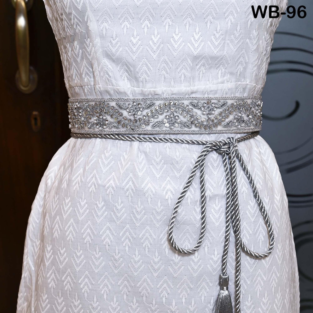 Reversible Embroidered Silver Obi Belt with Sequins and Beads, Bohemian Ethnic Sash (Customizable size)